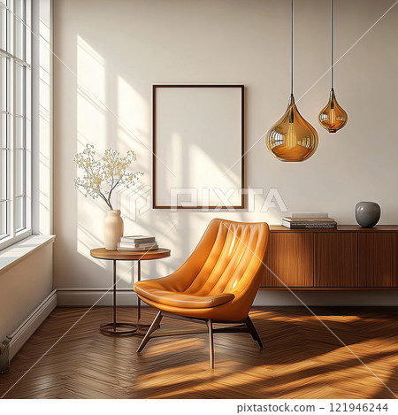 A living room with a chair, table, lamps, and a wall picture. Blank white vertical poster frame mockup.. Mid-century interior 121946244