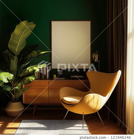 A cozy living room featuring green walls and a bright yellow chair. Blank white vertical poster frame mockup.. Mid-century interior A cozy living room featuring green walls and a bright yellow chair. Blank white vertical poster frame mockup.. Mid-century interior 121946246