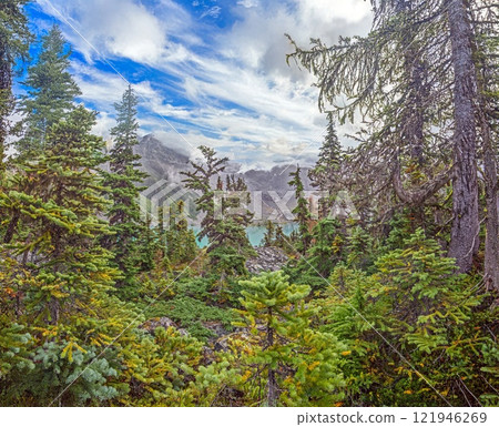 Hiking view near Mt Garibaldi with turquoise lake and dramatic clouds in the mountains 121946269