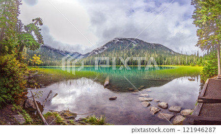Hiking view near Mt Garibaldi with turquoise lake and dramatic clouds in the mountains 121946287