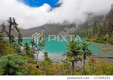 Hiking view near Mt Garibaldi with turquoise lake and dramatic clouds in the mountains 121946291
