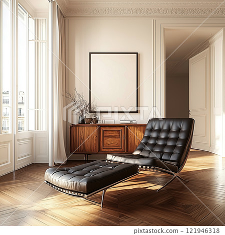 A living room contains a chair, ottoman, and a wall picture. Blank white vertical poster frame mockup.. Mid-century interior 121946318