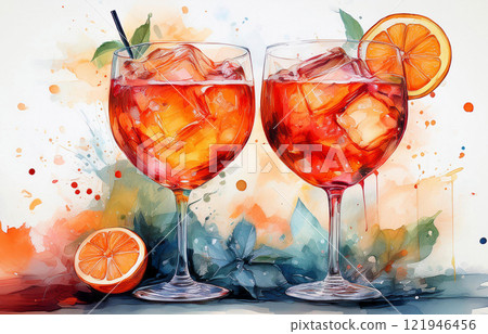 Two Watercolor Aperol cocktail 121946456