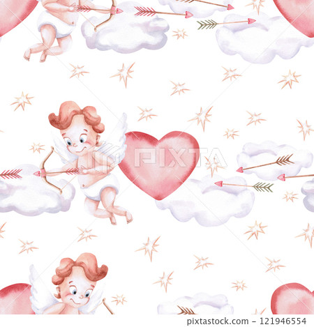 Seamless pattern with cupids shooting from a bow on a white background. Watercolor illustration on the theme of Valentine's Day for cafe decoration, printing on postcards, fabric, packaging. Seamless pattern with cupids shooting from a bow on a white background. Watercolor illustration on the theme of Valentine's Day for cafe decoration, printing on postcards, fabric, packaging. 121946554