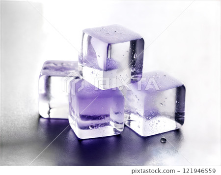 Transparent Ice Cubes with Water Droplets, Lavender Hue A collection of clear ice cubes with a soft lavender color. 121946559