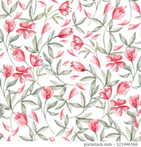 Seamless pattern with meadow flowers in a fairytale style on a white background. Watercolor illustration on the theme of Valentine's Day for cafe decoration, printing on postcards, fabric, packaging. Seamless pattern with meadow flowers in a fairytale style on a white background. Watercolor illustration on the theme of Valentine's Day for cafe decoration, printing on postcards, fabric, packaging. 121946566