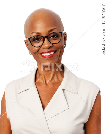 African woman aged 40-50 years old, wearing casual clothes, looking happy with glasses, with bald and red hair. 121946567