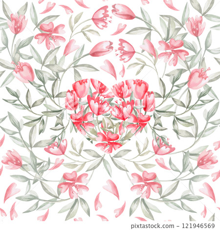 Seamless pattern with a heart of flowers on a white background. Watercolor illustration on the theme of Valentine's Day for cafe decoration, printing on postcards, fabric, packaging. 121946569