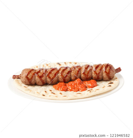 Cevapi Grilled Balkan minced meat sausages served with fluffy flatbread, diced onions, and a dollop of ajvar. Steam and crumbs Cevapi Grilled Balkan minced meat sausages served with fluffy flatbread, diced onions, and a dollop of ajvar. Steam and crumbs 121946582