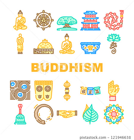 buddhism religion buddha thailand icons set vector buddhism religion buddha thailand icons set vector 121946638