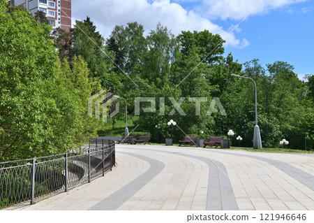 City boulevard with trees and a walking path 121946646