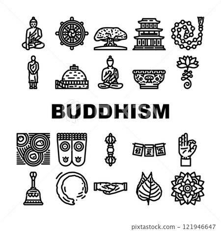 buddhism religion buddha thailand icons set vector buddhism religion buddha thailand icons set vector 121946647