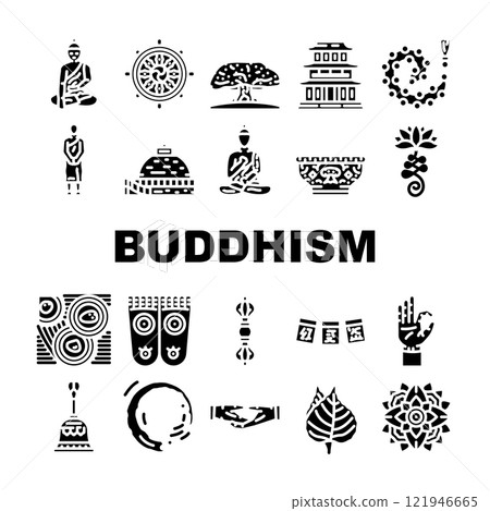 buddhism religion buddha thailand icons set vector 121946665