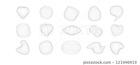 Abstract futuristic geometric wireframe shapes, set of trendy cyberpunk grid line elements, 3d wireframe patter design white background Eps10 vector illustration 121946919