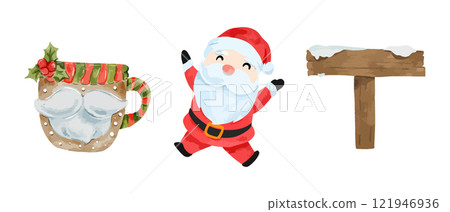 Cute cheerful Santa, festive mug, and snowy signpost in a Christmas vector isolated on white background vector illustration 121946936