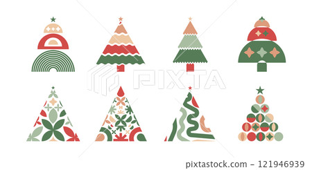Modern Geometric Minimalist Christmas Tree Vector Illustration Set Featuring Abstract Holiday Decor in Green, Red, and Beige for Seasonal Designs 121946939
