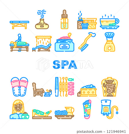 spa therapy relaxation massage icons set vector 121946941