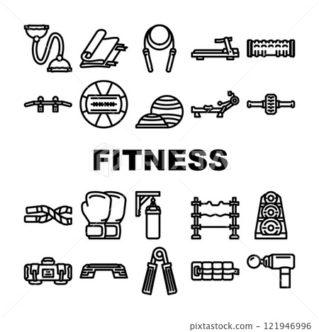 fitness tool dumbbell kettlebell icons set vector 121946996