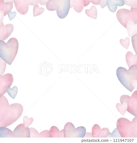Watercolor heart frame. Pink and purple hearts overlapping on white background. Romantic illustration for Valentine's day and printing design Watercolor heart frame. Pink and purple hearts overlapping on white background. Romantic illustration for Valentine's day and printing design 121947107