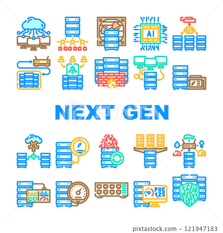 next gen data center virtual icons set vector 121947183