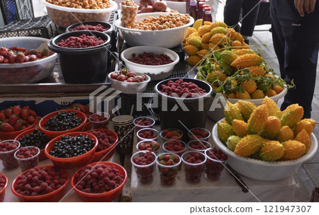 fruit and bitter melon is on sale in chorsu bazaar at Uzbekistan 121947307