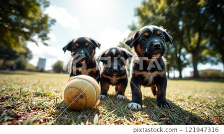 three playful puppies in a sunlit park  121947316