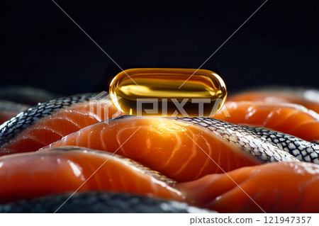 Single golden omega-3 capsule on sliced fresh salmon fish on a black background close up 121947357