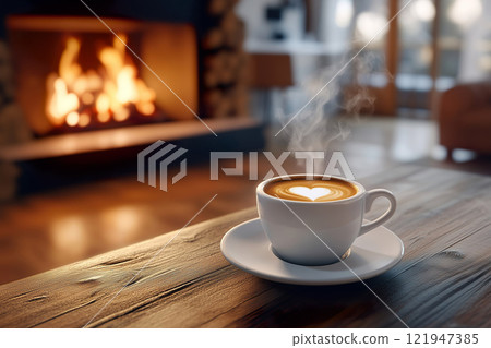 Steaming cup of coffee with heart shaped latte art on wooden table near a cozy fireplace. Warm and inviting room in blurred background 121947385