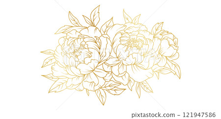 Golden peony flowers line art isolated on white background. Luxury floral design elements for invitation, wedding, wallpaper, print template, vector illustration Golden peony flowers line art isolated on white background. Luxury floral design elements for invitation, wedding, wallpaper, print template, vector illustration 121947586