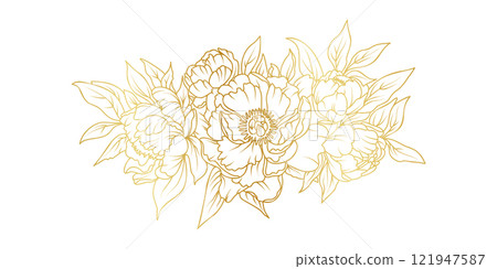 Golden peony flowers line art isolated on white background. Luxury floral design elements for invitation, wedding, wallpaper, print template, vector illustration Golden peony flowers line art isolated on white background. Luxury floral design elements for invitation, wedding, wallpaper, print template, vector illustration 121947587