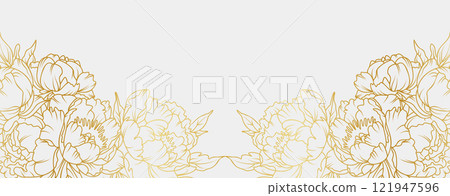 Luxury gold peony flowers background. Floral pattern tropical in line art style for greeting, invitation, wedding card, wall art, wallpaper and print. Vector illustration 121947596