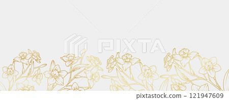 Luxury gold Narcissus flowers background. Daffodil Floral pattern tropical in line art style for greeting, invitation, wedding card, wall art, wallpaper and print. Vector illustration Luxury gold Narcissus flowers background. Daffodil Floral pattern tropical in line art style for greeting, invitation, wedding card, wall art, wallpaper and print. Vector illustration 121947609