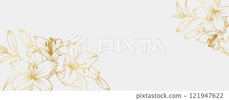Luxury gold lily flowers background. Floral pattern tropical in line art style for greeting, invitation, wedding card, wall art, wallpaper and print. Vector illustration 121947622