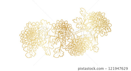 Golden Chrysanthemum flowers line art isolated on white background. Luxury Chrysanthemum floral design elements for invitation, wedding, wallpaper, print template, vector illustration 121947629