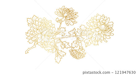Golden Chrysanthemum flowers line art isolated on white background. Luxury Chrysanthemum floral design elements for invitation, wedding, wallpaper, print template, vector illustration 121947630