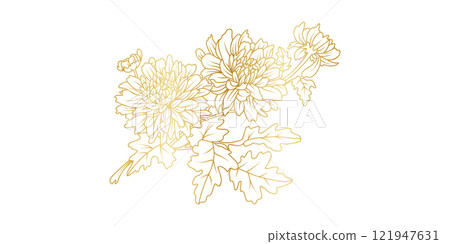 Golden Chrysanthemum flowers line art isolated on white background. Luxury Chrysanthemum floral design elements for invitation, wedding, wallpaper, print template, vector illustration 121947631