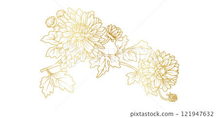 Golden Chrysanthemum flowers line art isolated on white background. Luxury Chrysanthemum floral design elements for invitation, wedding, wallpaper, print template, vector illustration 121947632