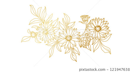 Golden Aster flowers line art isolated on white background. Luxury Aster floral design elements for invitation, wedding, wallpaper, print template, vector illustration 121947638