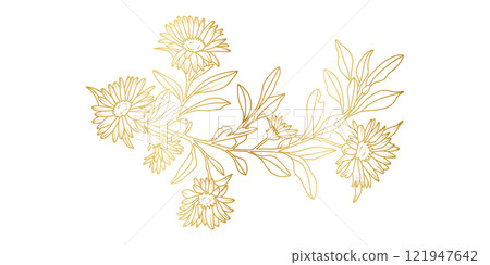 Golden Aster flowers line art isolated on white background. Luxury Aster floral design elements for invitation, wedding, wallpaper, print template, vector illustration 121947642