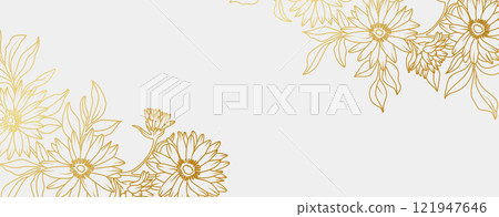 Luxury gold Aster flowers background. Floral pattern tropical in line art style for greeting, invitation, wedding card, wall art, wallpaper and print. Vector illustration 121947646