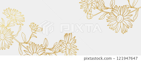 Luxury gold Aster flowers background. Floral pattern tropical in line art style for greeting, invitation, wedding card, wall art, wallpaper and print. Vector illustration 121947647