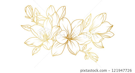 Golden magnolia flowers line art isolated on white background. Luxury magnolia floral design elements for invitation, wedding, wallpaper, print template, vector illustration Golden magnolia flowers line art isolated on white background. Luxury magnolia floral design elements for invitation, wedding, wallpaper, print template, vector illustration 121947726