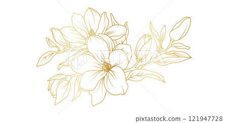 Golden magnolia flowers line art isolated on white background. Luxury magnolia floral design elements for invitation, wedding, wallpaper, print template, vector illustration Golden magnolia flowers line art isolated on white background. Luxury magnolia floral design elements for invitation, wedding, wallpaper, print template, vector illustration 121947728