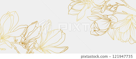 Luxury gold magnolia flowers background. Floral pattern tropical in line art style for greeting, invitation, wedding card, wall art, wallpaper and print. Vector illustration 121947735