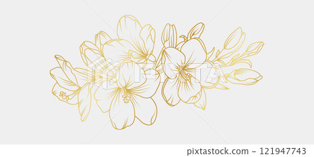 Golden freesia flowers line art isolated on white background. Luxury magnolia floral design elements for invitation, wedding, wallpaper, print template, vector illustration 121947743
