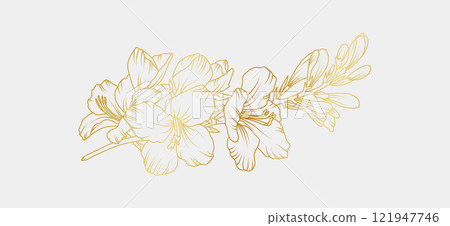 Golden freesia flowers line art isolated on white background. Luxury magnolia floral design elements for invitation, wedding, wallpaper, print template, vector illustration 121947746