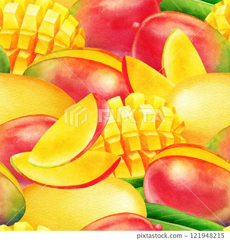 Pattern of watercolor mango fruits and leaves 121948215