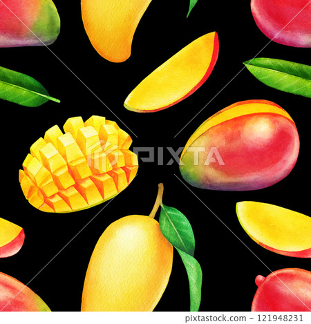 Pattern of watercolor mango fruits and leaves Pattern of watercolor mango fruits and leaves 121948231