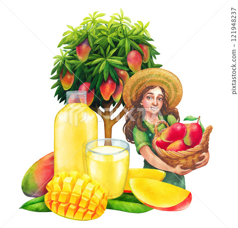 Watercolor glass and bottle of juice, mangoes, girl and a tree behind Watercolor glass and bottle of juice, mangoes, girl and a tree behind 121948237