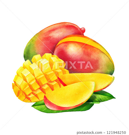 Watercolor composition of a whole, sliced and diced mangoes on a leaves Watercolor composition of a whole, sliced and diced mangoes on a leaves 121948250